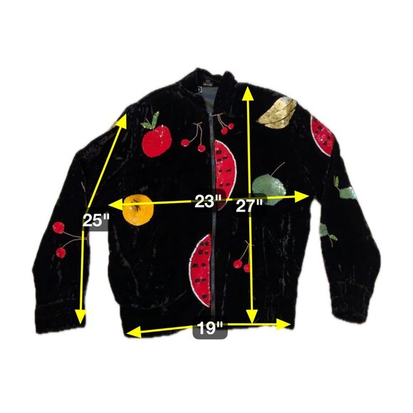 Vintage 80s JA Resort Black Crushed Velvet Bomber Jacket Sequin Fruit - Picture 8 of 8